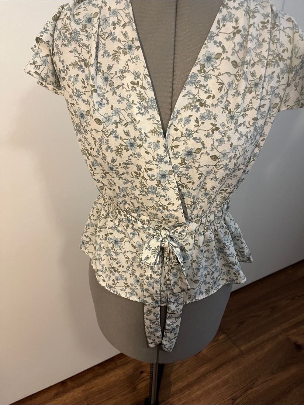 Sweet Rain Cream Floral Wrap Blouse with Blue and Green Print - Picture 3 of 5